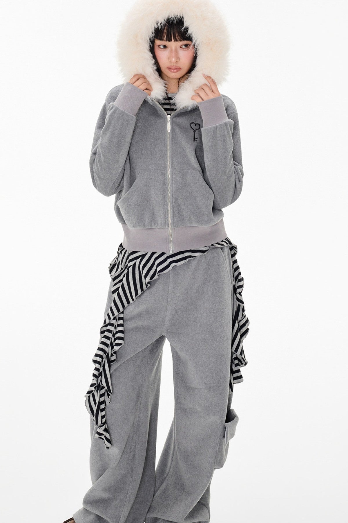 Detachable Fur Hood Jacket and Pants Set-Up