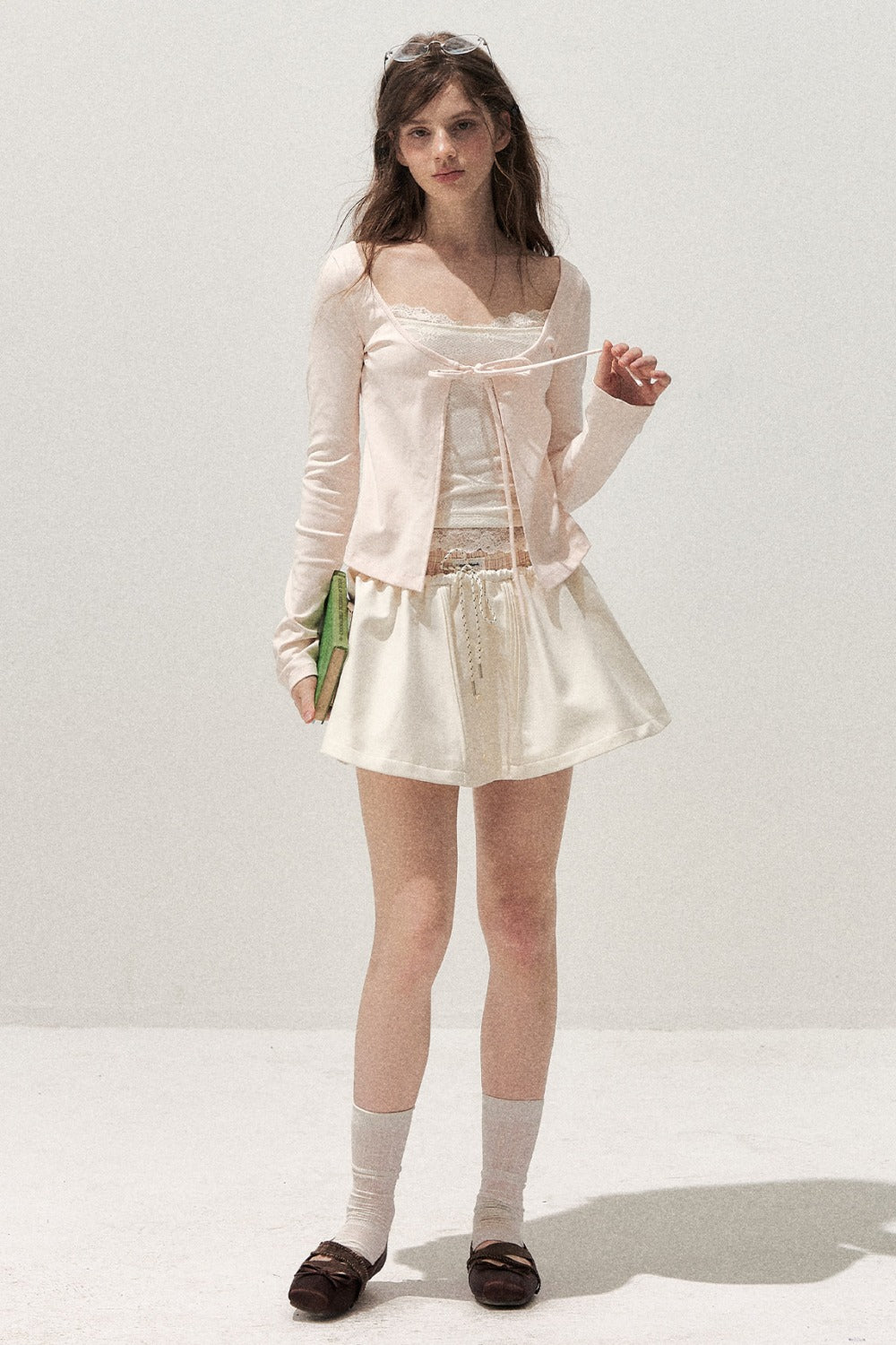 Lace Spliced Tie-Up Long Sleeve Top