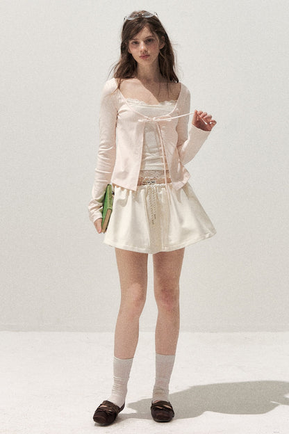 Lace Spliced Tie-Up Long Sleeve Top
