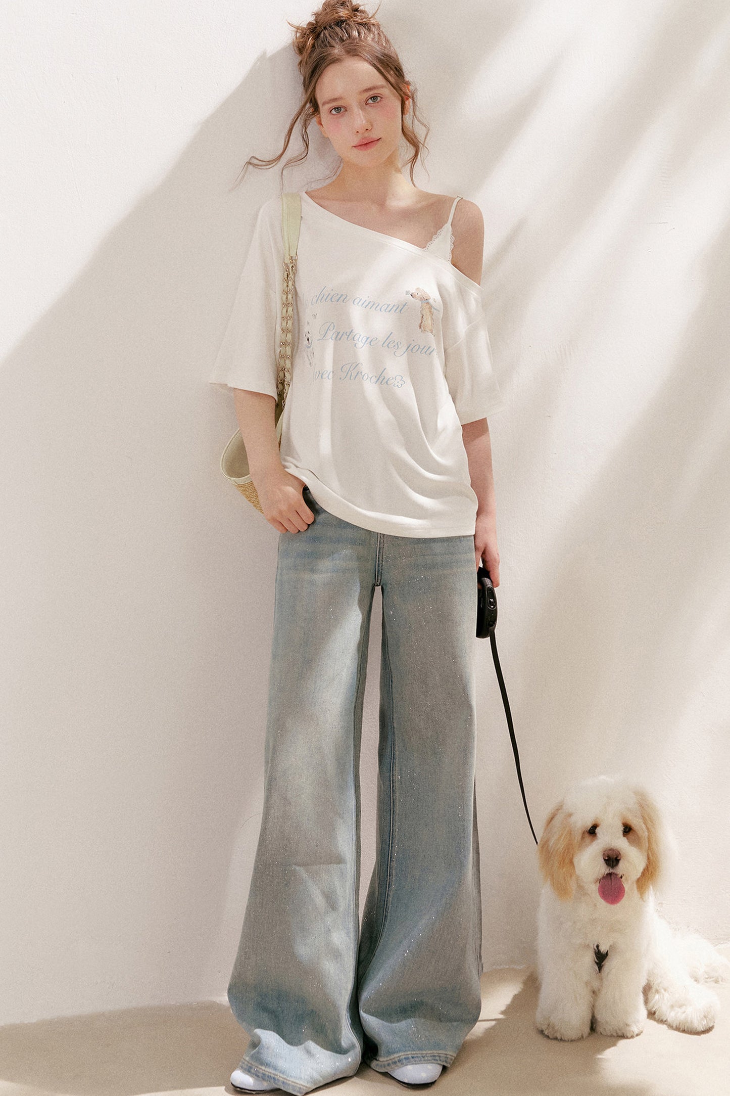 Silver Embellishment Straight Wide-Leg Loose Jeans