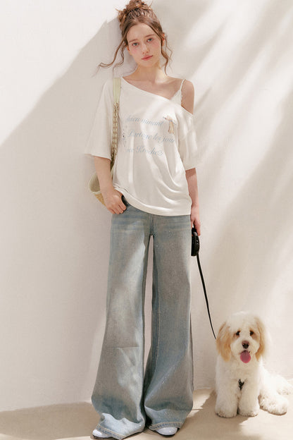 Silver Embellishment Straight Wide-Leg Loose Jeans