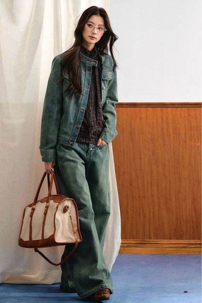 Retro Washed Denim Top and Wide-Leg Pants Set-Up