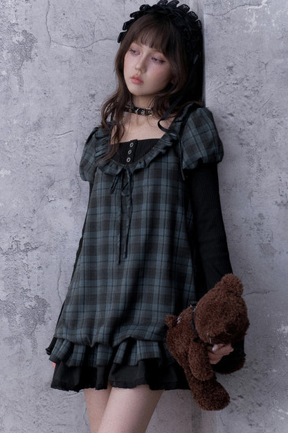 Robe babydoll à carreaux bleu et noir