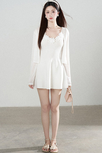 Spaghetti Strap Knitted Dress With Cardigan Set-Up