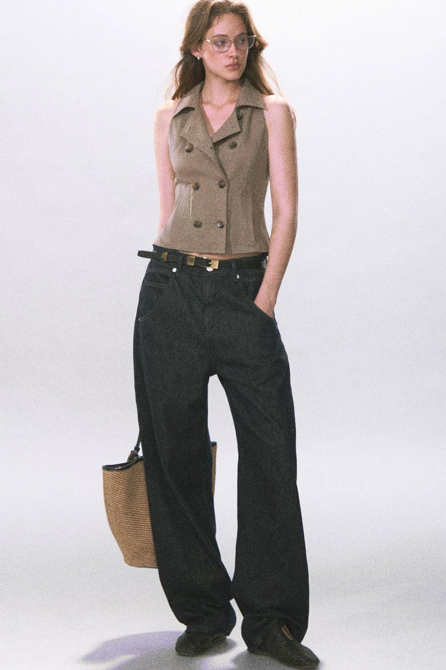 Double-Breasted Waist-Cinching Top Set-Up