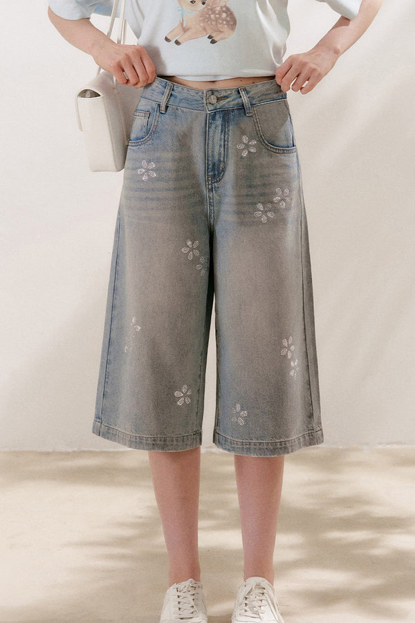 Floral Rhinestone Wide-Leg Denim Pants