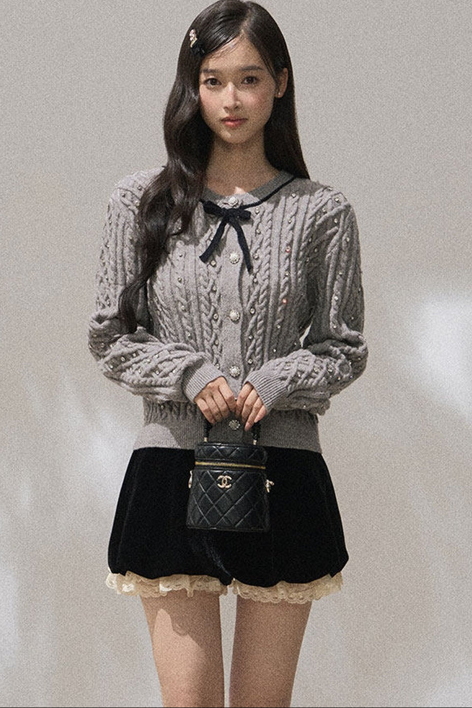Rhinestone Bow Knit Cardigan Top and Velvet Skirt Set-Up