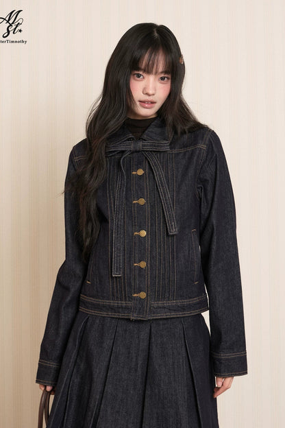 Washed Denim Lapel Tie Jacket