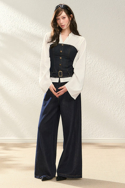 Color-Blocked Denim Two-Piece Set