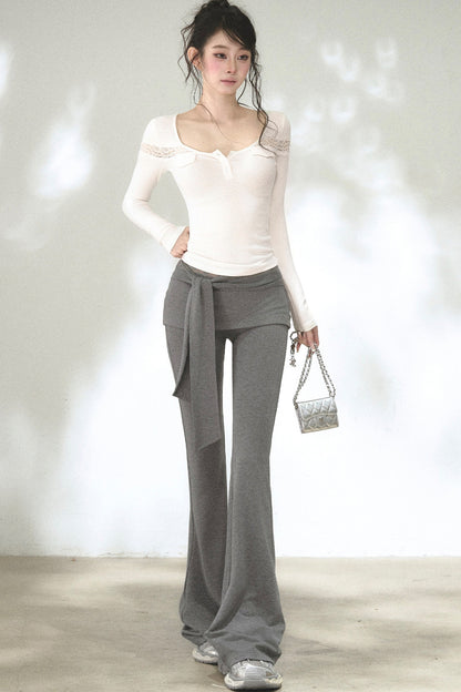 Fold-Over Waist Lace Tie-Up Flared Pants