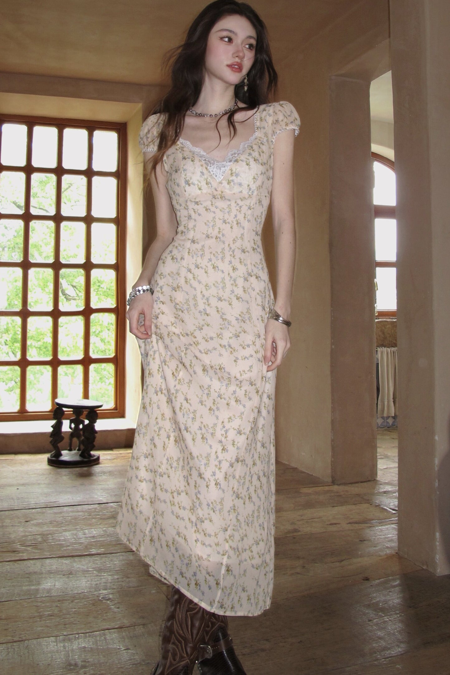 Light Yellow Floral Lace V-Neck Long Dress