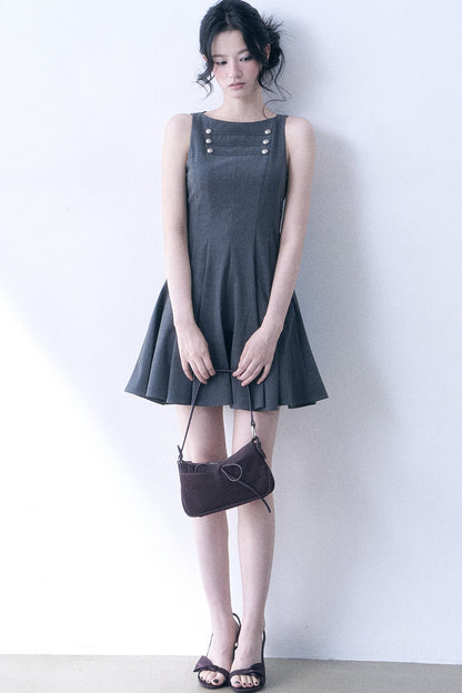 Decorative Button Sleeveless Flared Dress