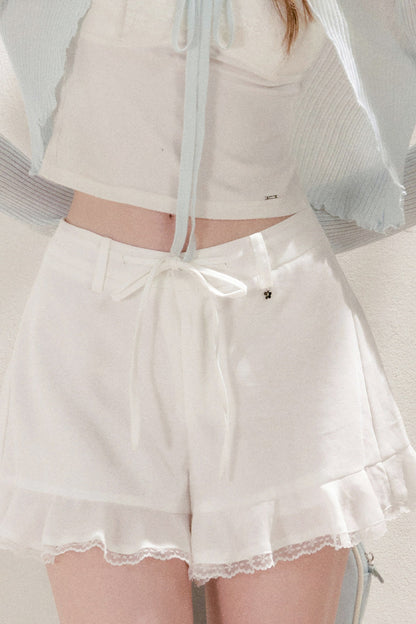 Tencel Linen Lace Spliced Ruffle Drawstring High-Waisted A-Line Shorts
