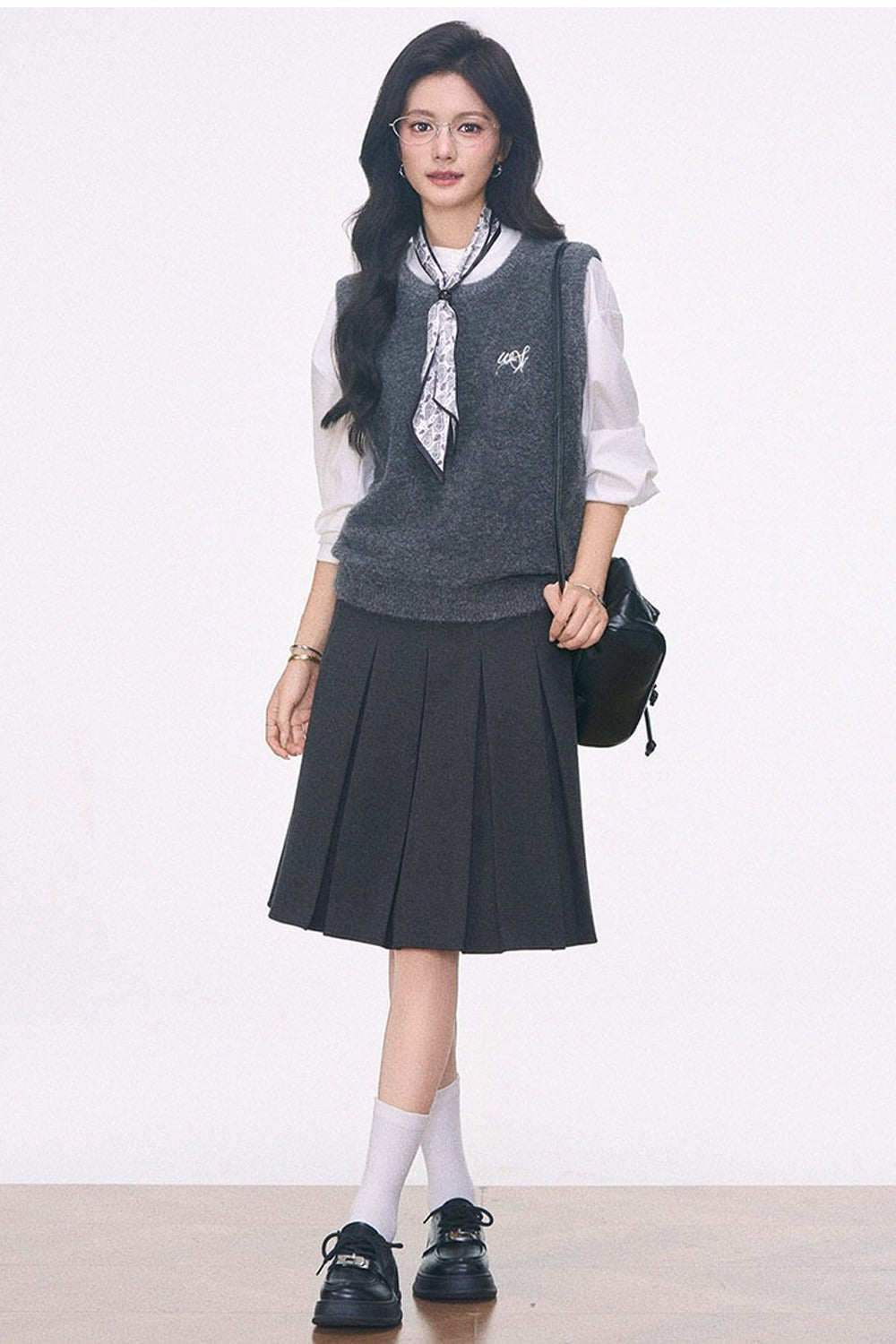 Knitted Vest Shirt and Skirt 3-Piece Set-Up
