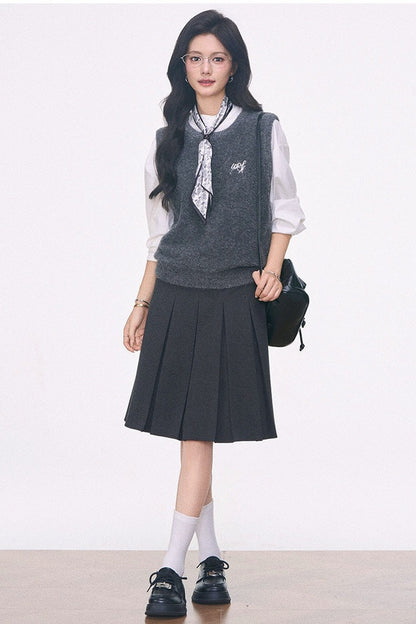 Knitted Vest Shirt and Skirt 3-Piece Set-Up