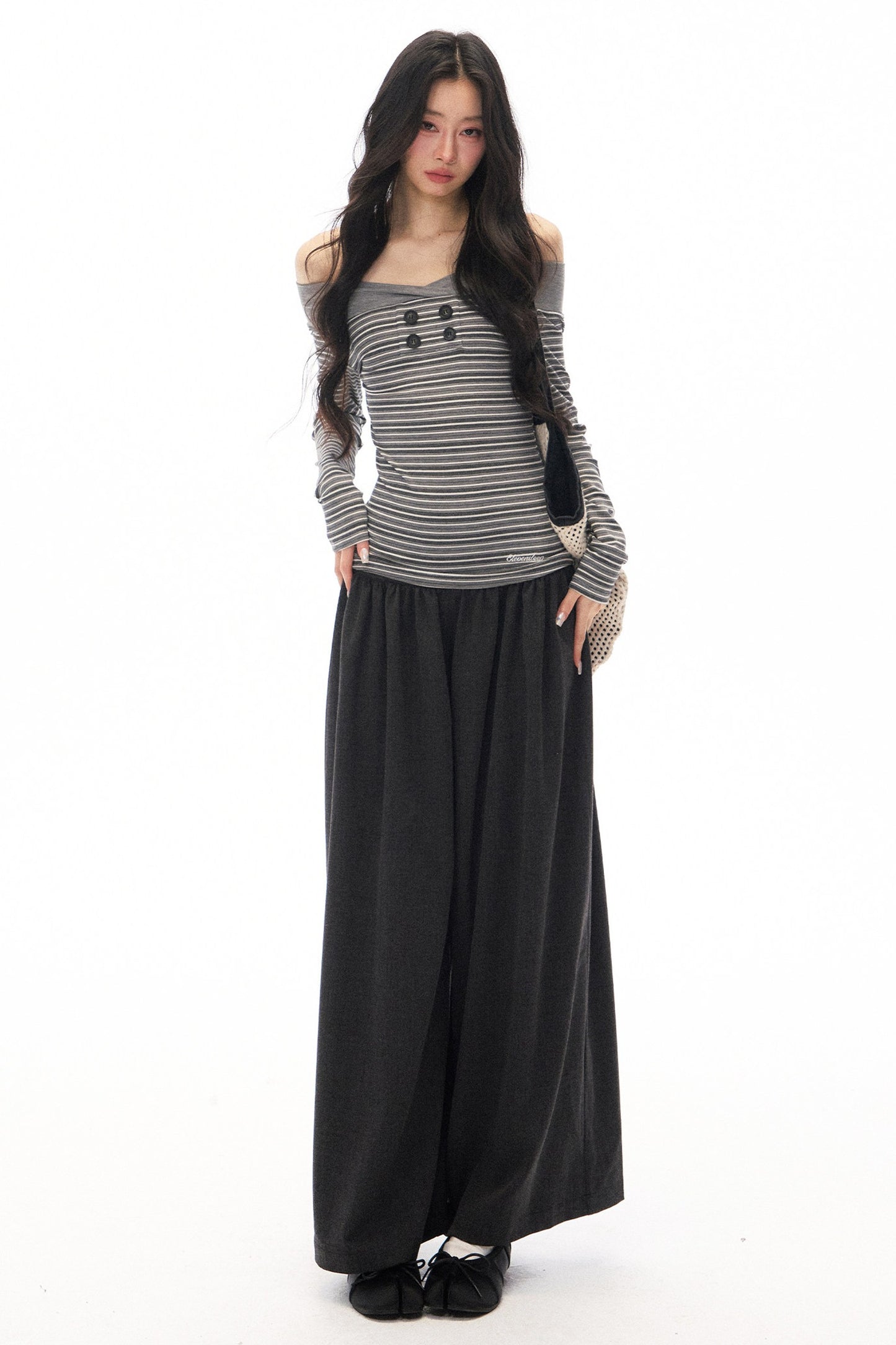 Striped Off-Shoulder Knit Top and Jeans Set-Up