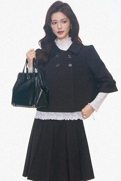 Double-Breasted Woolen Jacket With Midi Skirt and Pants Set-Up