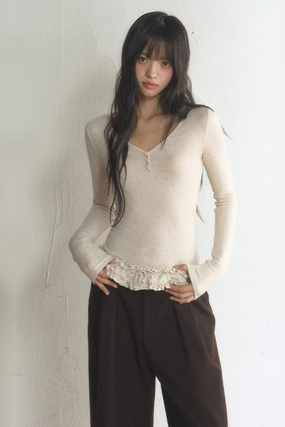 Polka Dot Long-Sleeve Top and Pants Set-Up