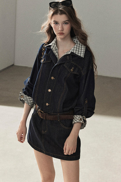 Completo con abito in denim imbottito effetto stratificato
