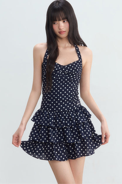 Polka Dot Halter Tiered Dress
