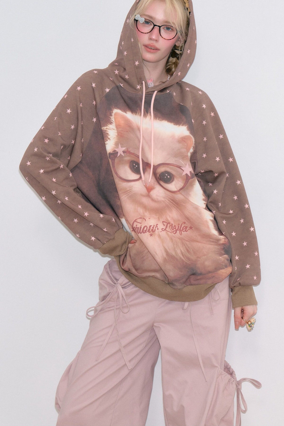 Brown Cat Star Polka Dot Hoodie
