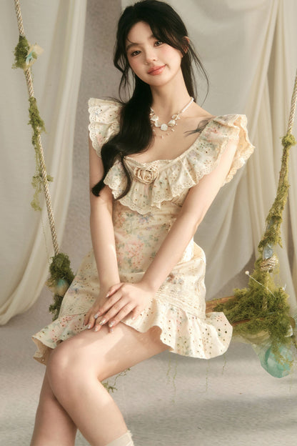 Floral Ruffle V-Neck Bow Short Dress