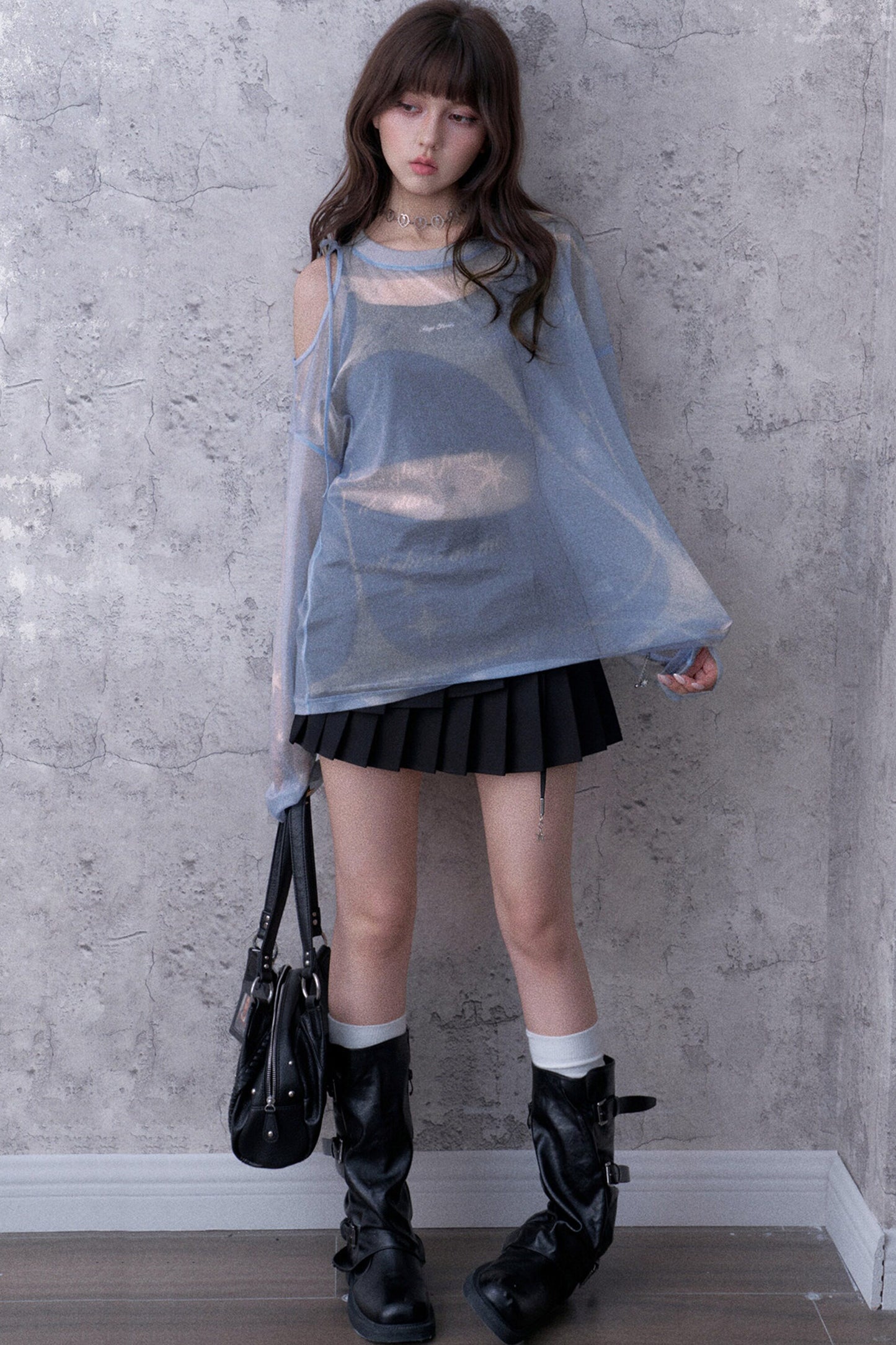 Blue Sparkling Mesh Sweatshirt Style Top