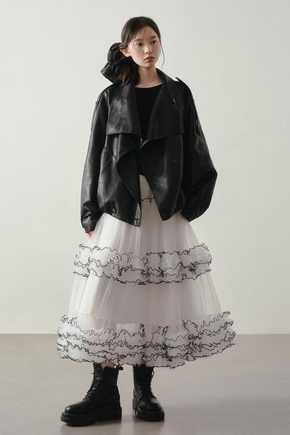 White Puffy Black Ruffle Stitching Skirt