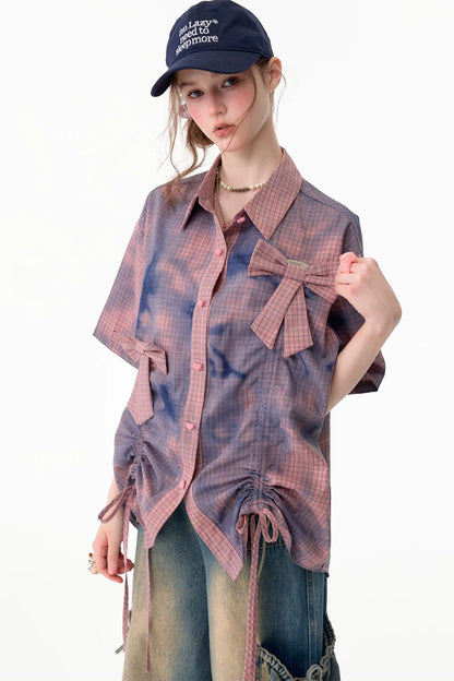 Pink Plaid Bow Drawstring Blouse
