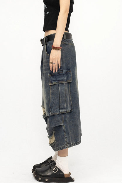 Retro Ripped Denim Capri Pants