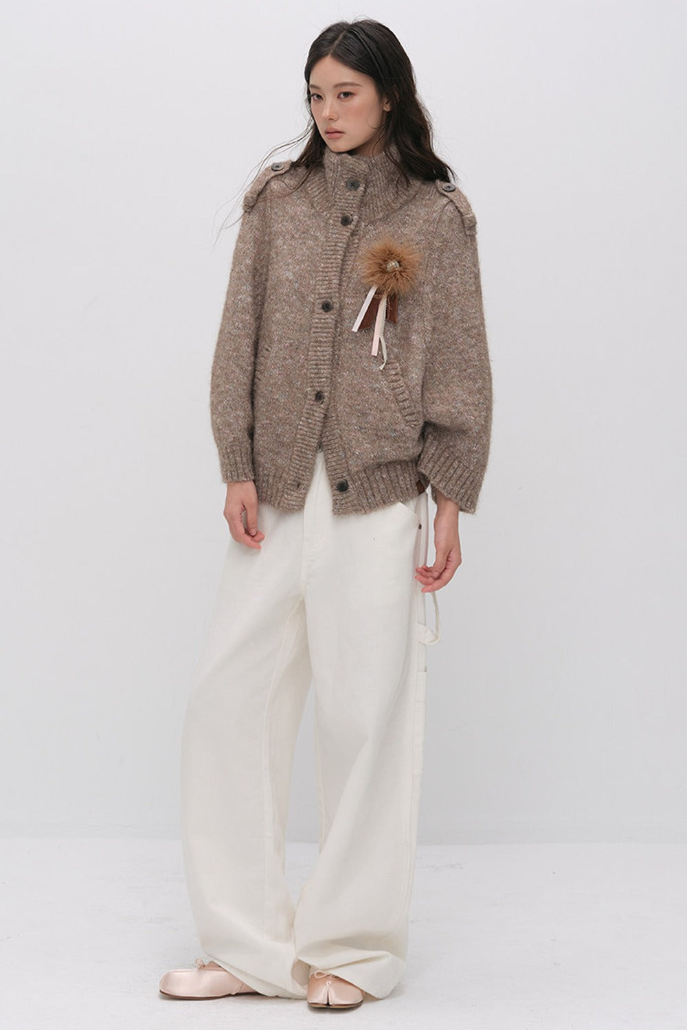 Stand Collar Corsage Knit Cardigan