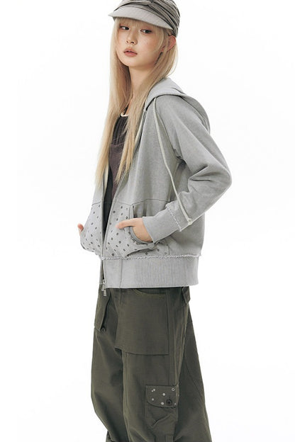 Distressed Floral Print Hooded Open Front Jacket