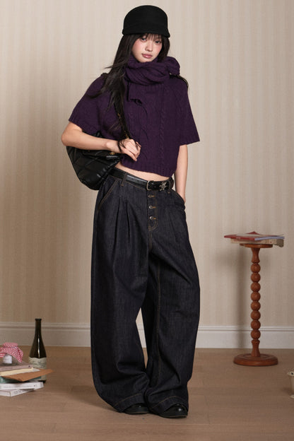 Short Sleeve Scarf Layered Knit Sweater