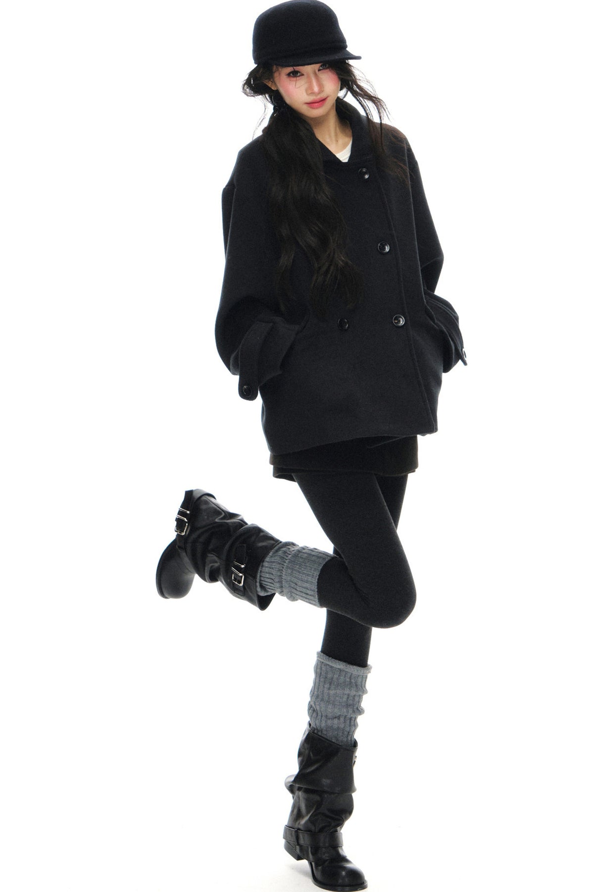 Black Wool Doll Collar Coat Set-Up