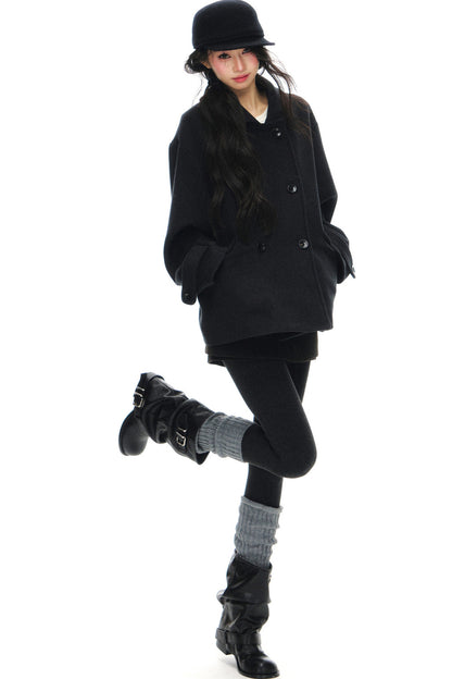 Black Wool Doll Collar Coat Set-Up