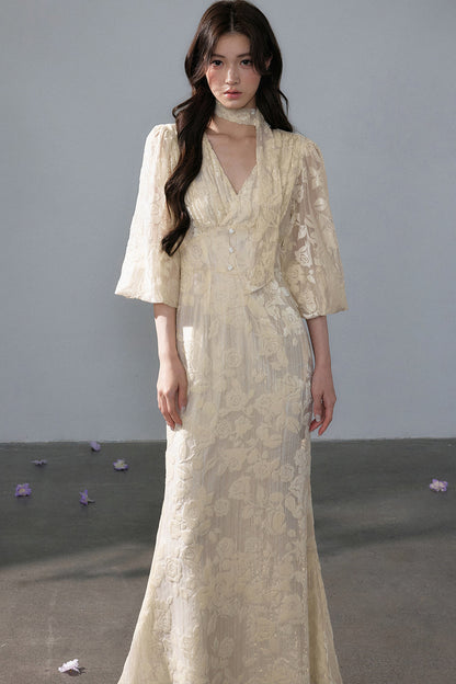 Robe rétro française en jacquard dentelle à col V
