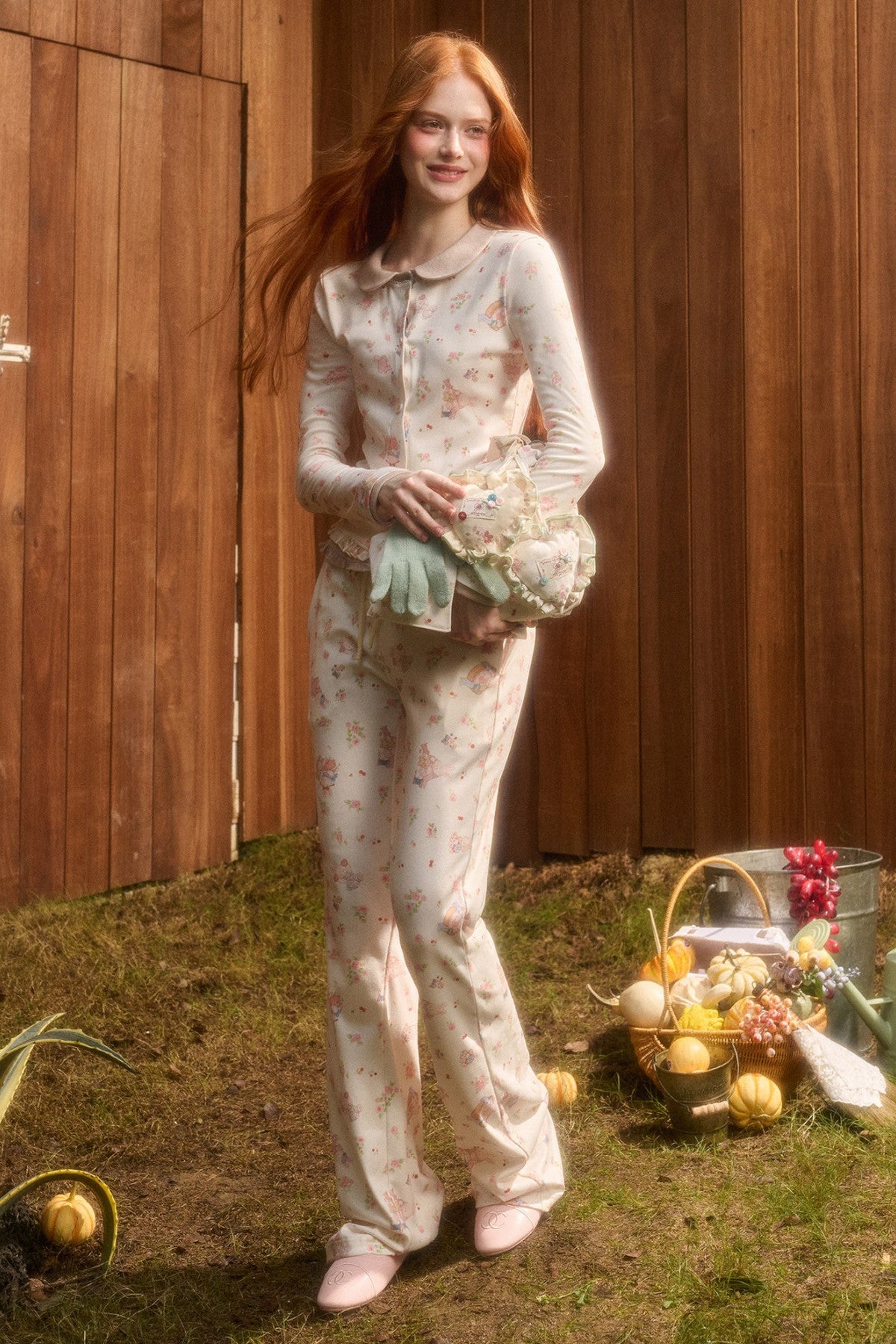 Layered-Look Floral Bunny Cardigan and Pants Set-Up
