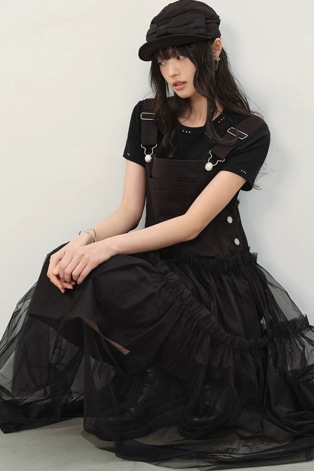 Black Denim Mesh A-Line Dress