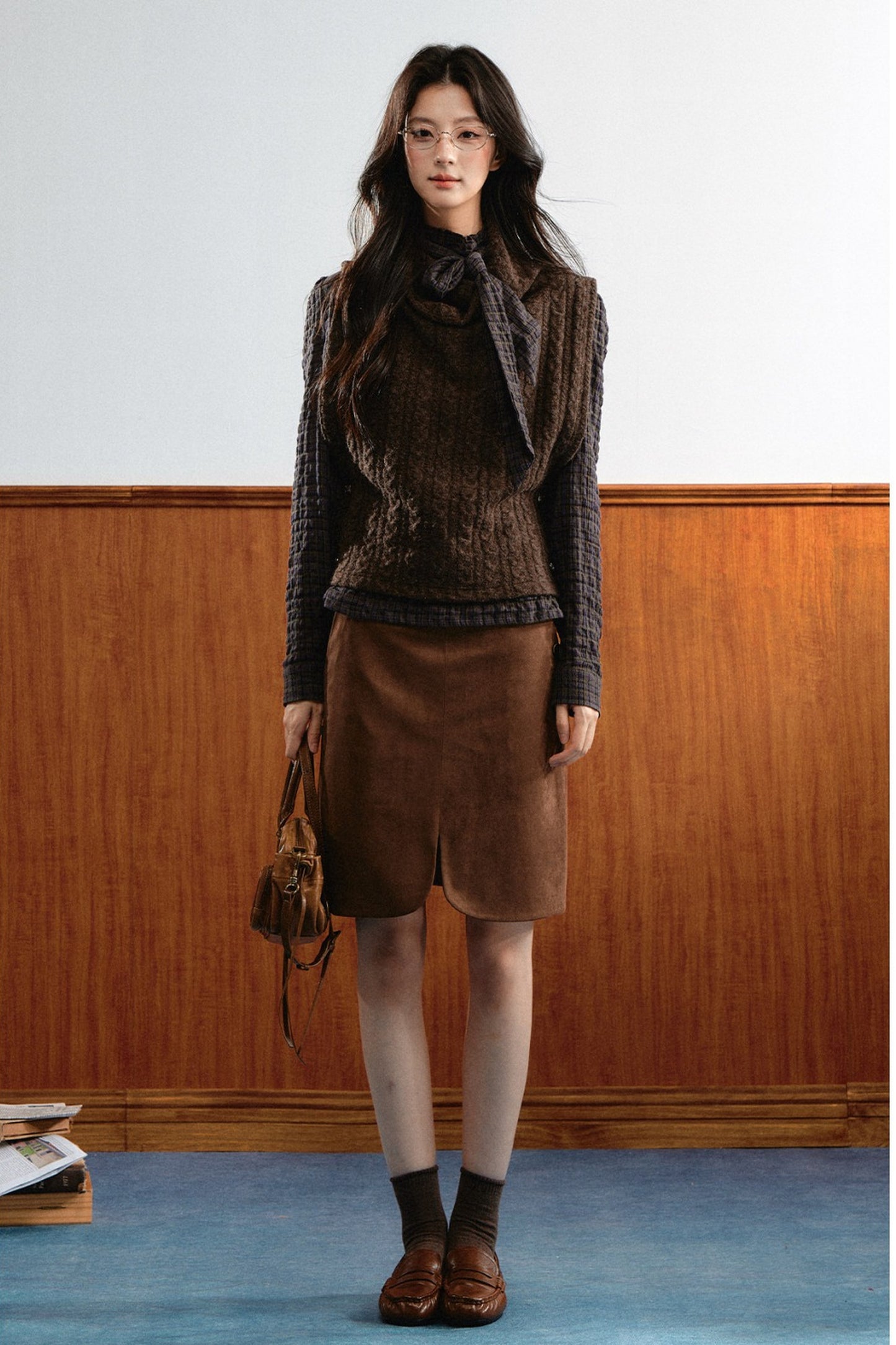 Retro Plaid Ribbon Top and Suede Skirt Set-Up