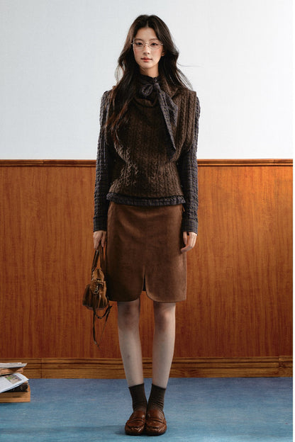 Retro Plaid Ribbon Top and Suede Skirt Set-Up
