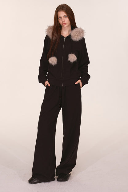Fur Trim Hooded Sweatshirt and Sweatpants Set-Up