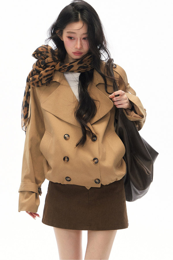 Khaki Double-Breasted Trench Coat and Skirt Set-Up