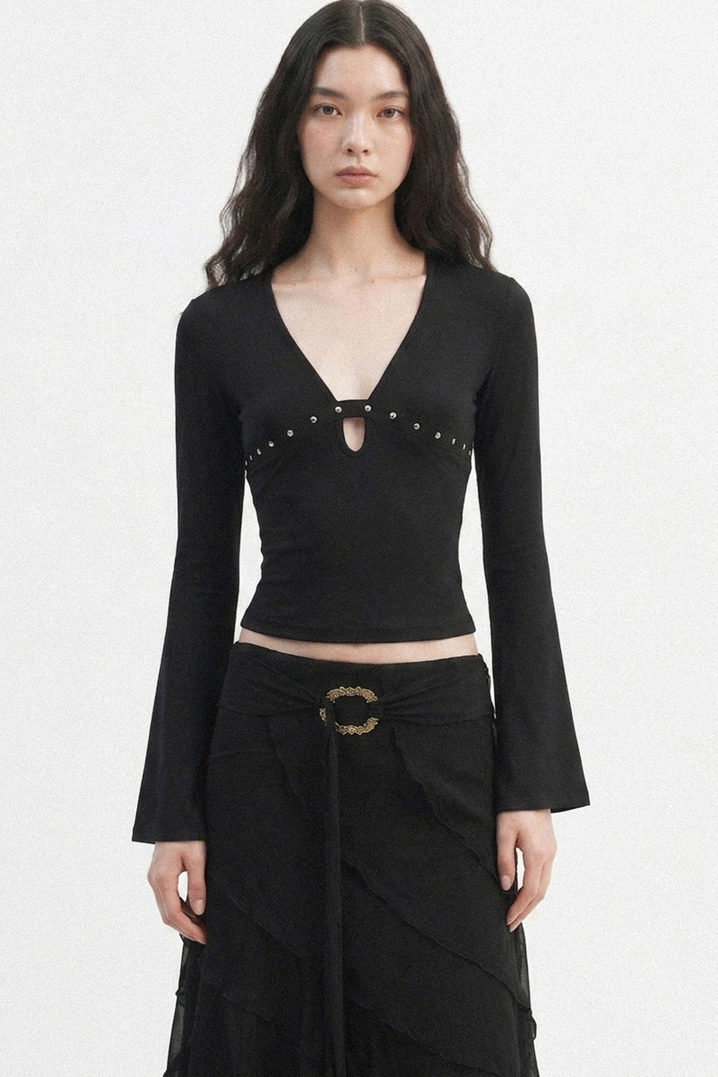 V-Neck Hollow-Out Long-Sleeve Top
