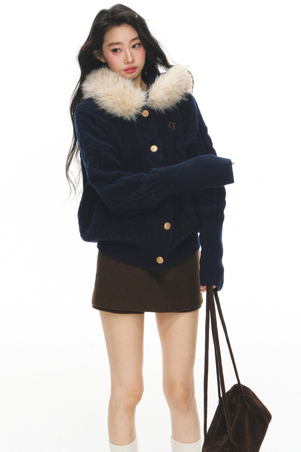 Fur Collar Knitted Cardigan and Skirt Set-Up