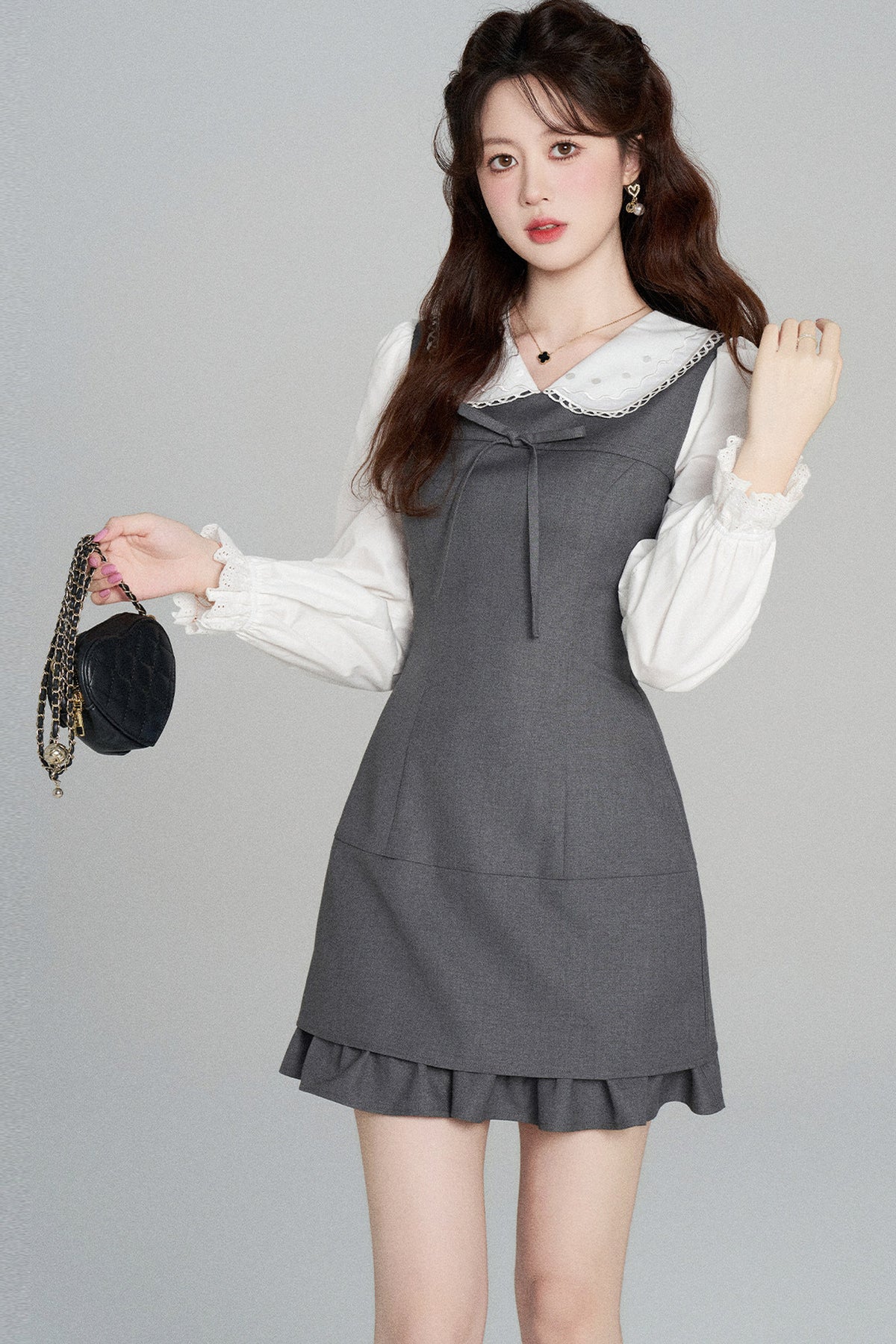 Gray Doll Collar Cinched Waist Dress
