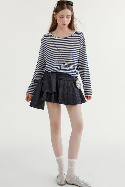 Navy Striped Long-Sleeve Top and A-Line Denim Skirt Set