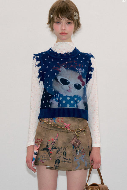 Navy Blue Cat Print Polka Dot Vest