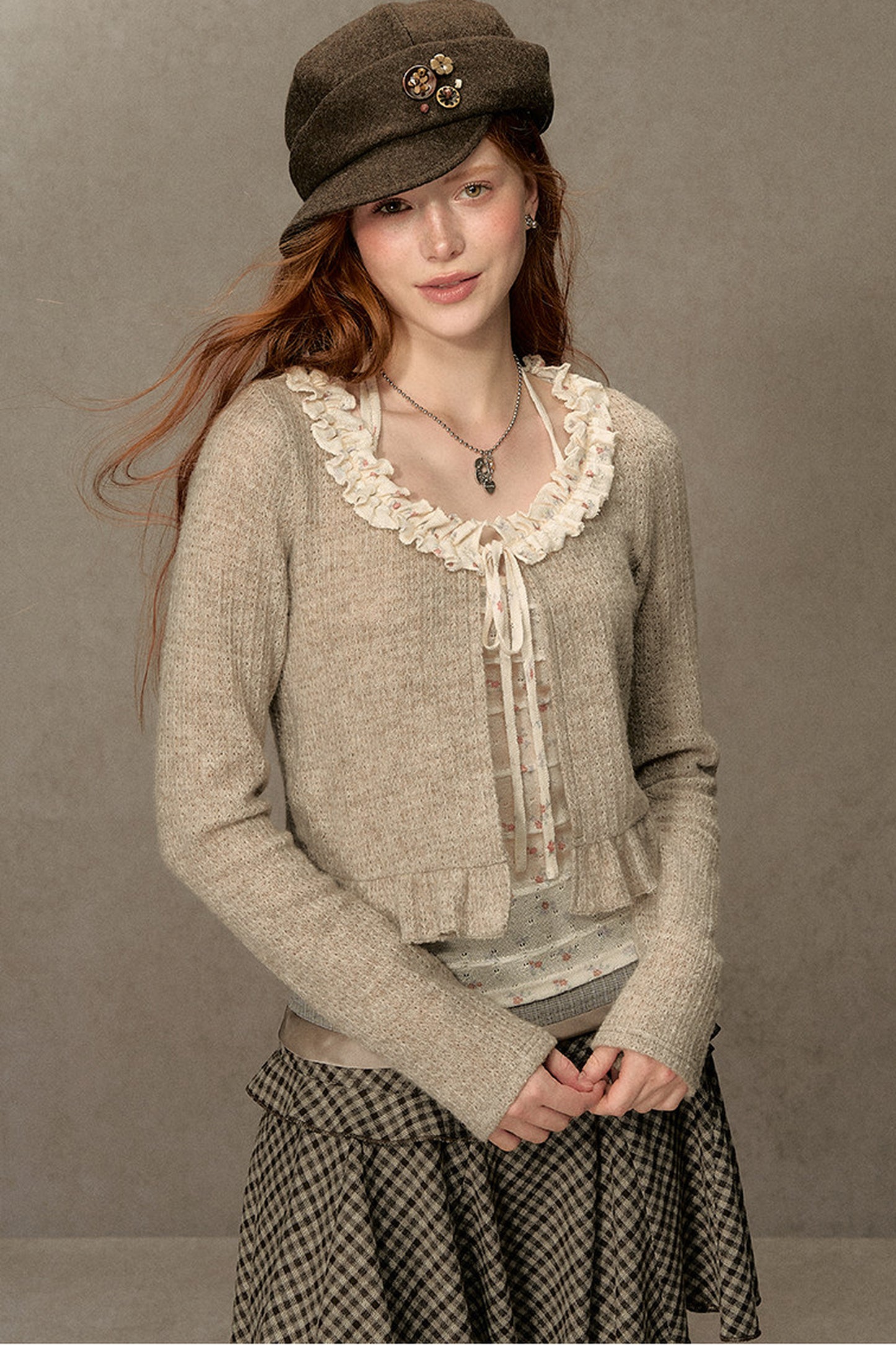Ruffled Knit Cardigan With Camisole