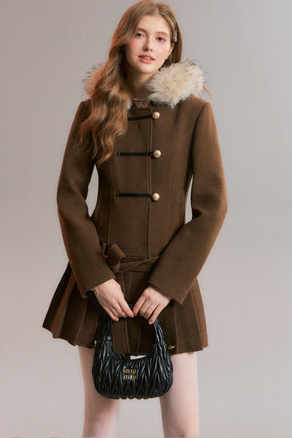 Brown Detachable Fur Collar Pleated Woolen Coat