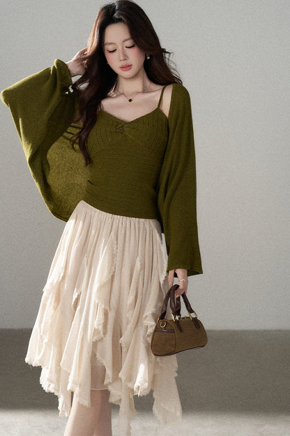 V-Neck Knitted Cardigan and Camisole Set-Up